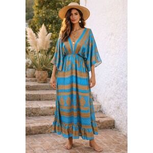 Luz Blue Tan Silk Boho Maxi Kaftan Dress OS Deep V-neck Indie Resort Luxe Hippie